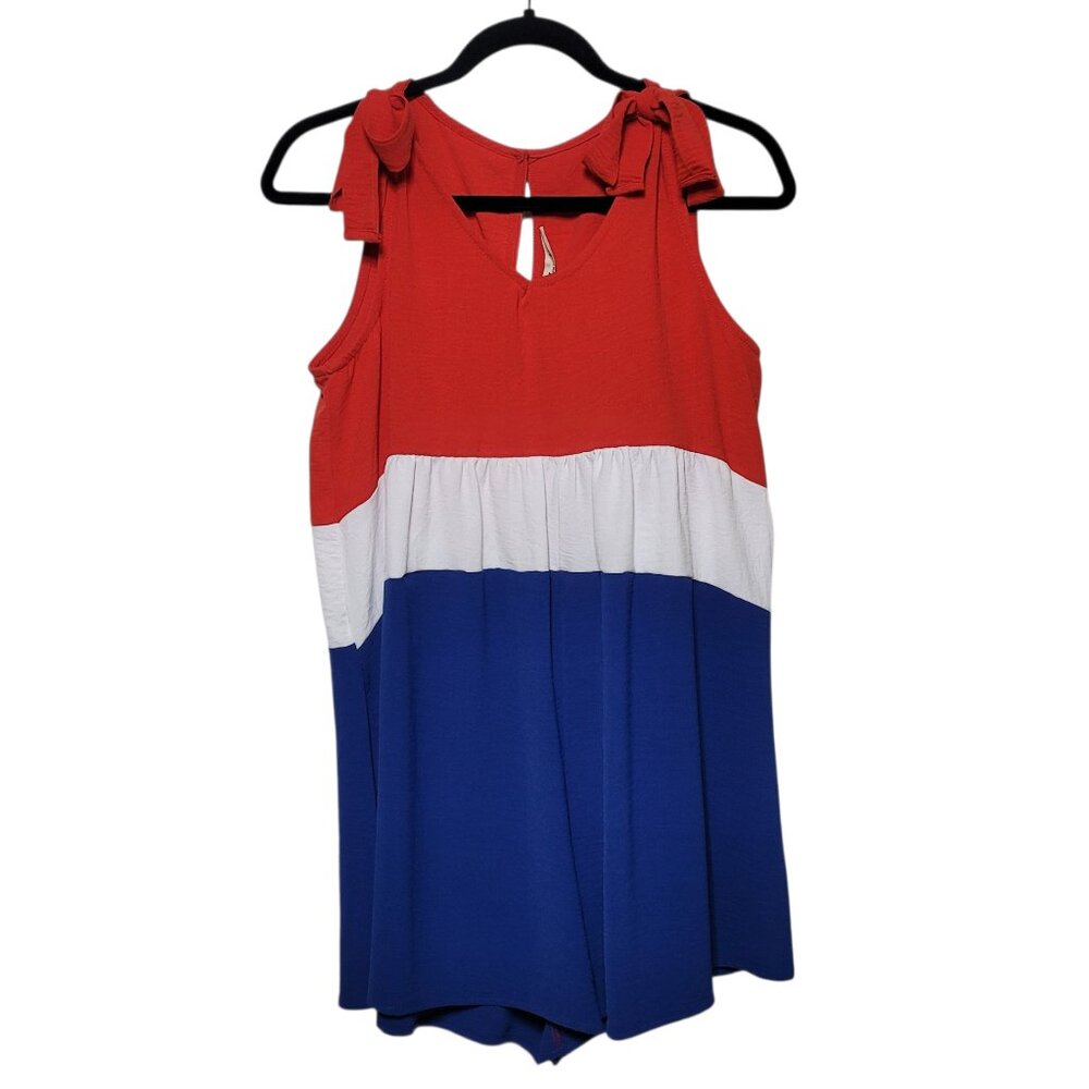 Haptics Patriotic Red White Blue Colorblock Romper Shoulder Ties Americana Small
